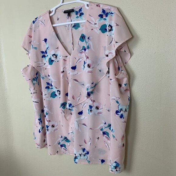 Lane Bryant Womens 28 Blouse Short Sleeve Pink Floral Ruffle V Neck Work Office - Picture 4 of 13